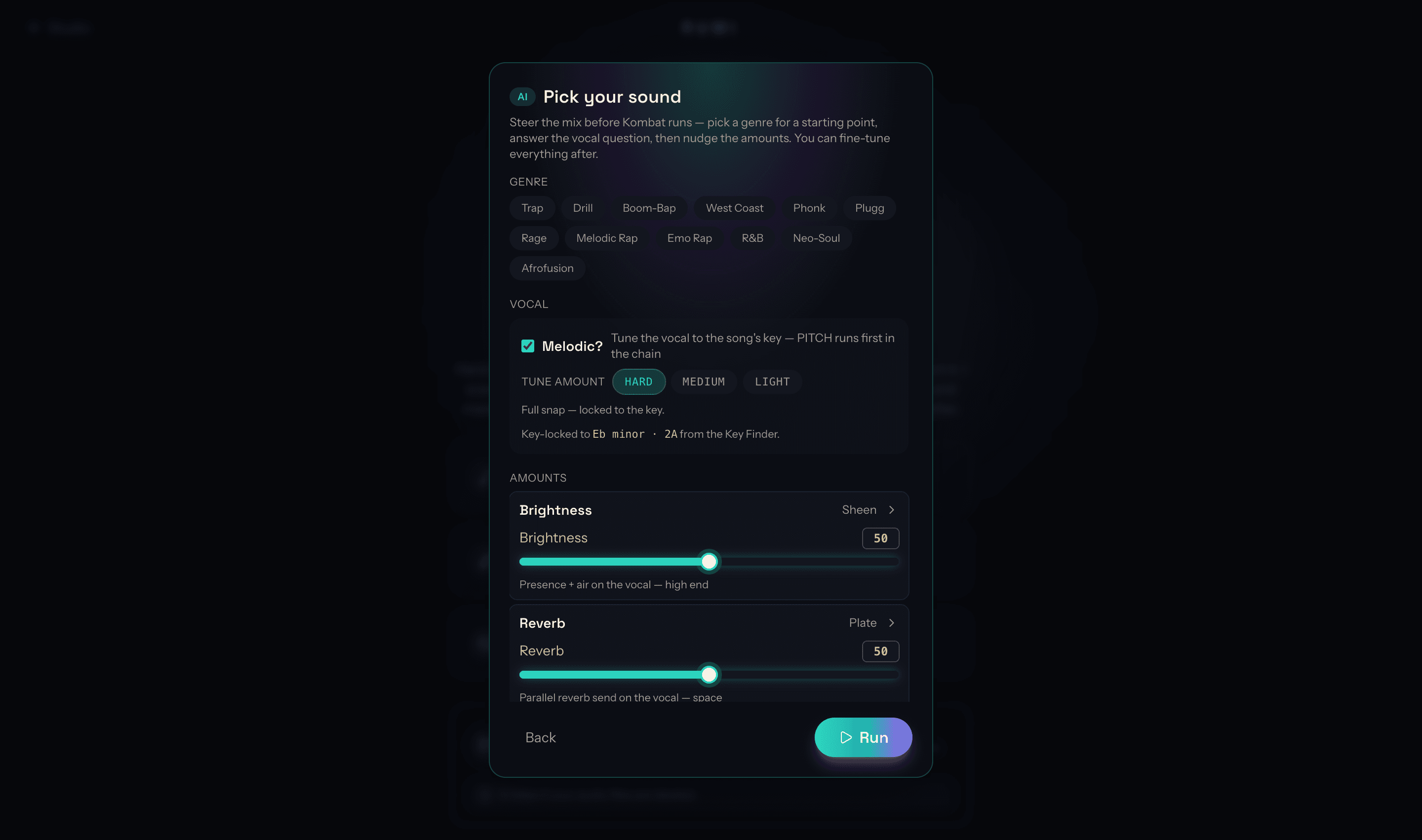 Plaq's Pick your sound dialog — genre chips, a melodic vocal question and mix amount sliders